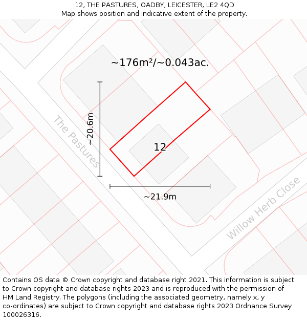 12, THE PASTURES, OADBY, LEICESTER, LE2 4QD: Plot and title map