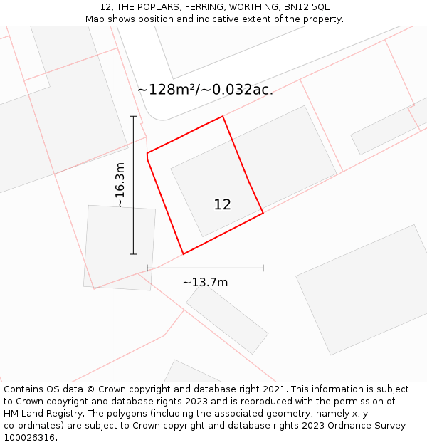 12, THE POPLARS, FERRING, WORTHING, BN12 5QL: Plot and title map