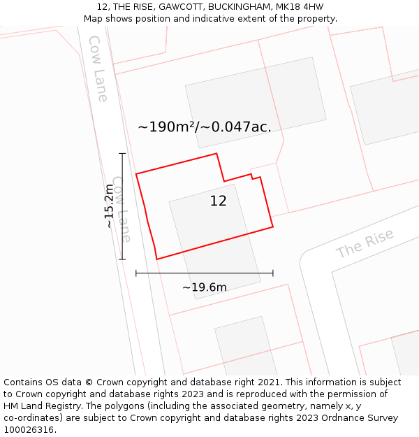 12, THE RISE, GAWCOTT, BUCKINGHAM, MK18 4HW: Plot and title map