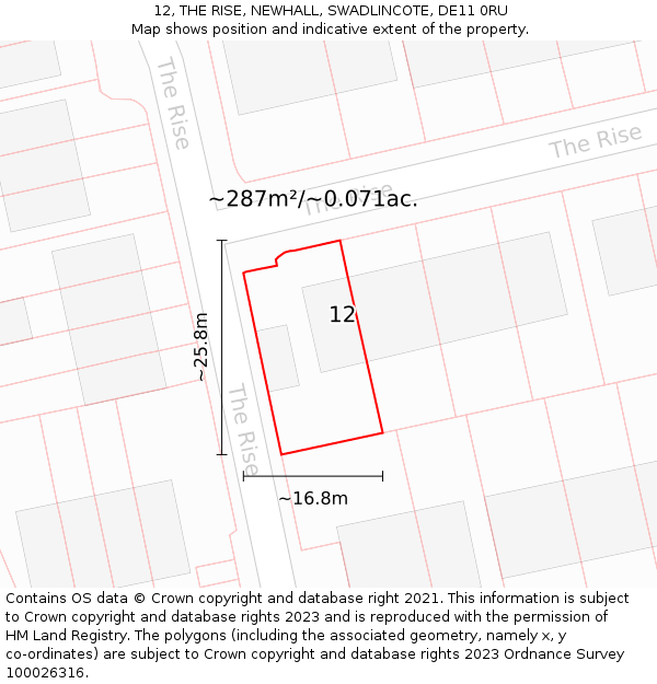 12, THE RISE, NEWHALL, SWADLINCOTE, DE11 0RU: Plot and title map