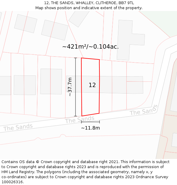12, THE SANDS, WHALLEY, CLITHEROE, BB7 9TL: Plot and title map