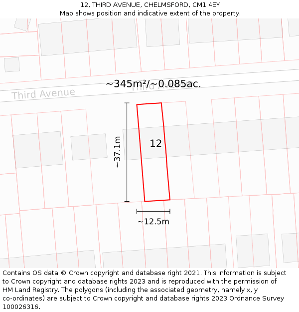 12, THIRD AVENUE, CHELMSFORD, CM1 4EY: Plot and title map