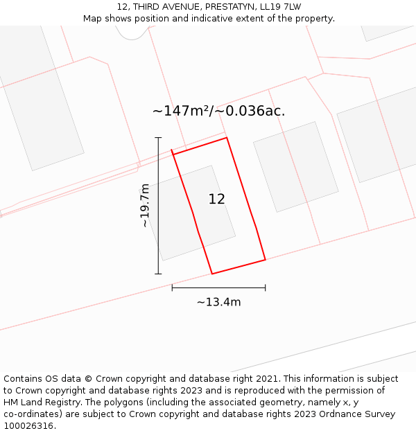 12, THIRD AVENUE, PRESTATYN, LL19 7LW: Plot and title map