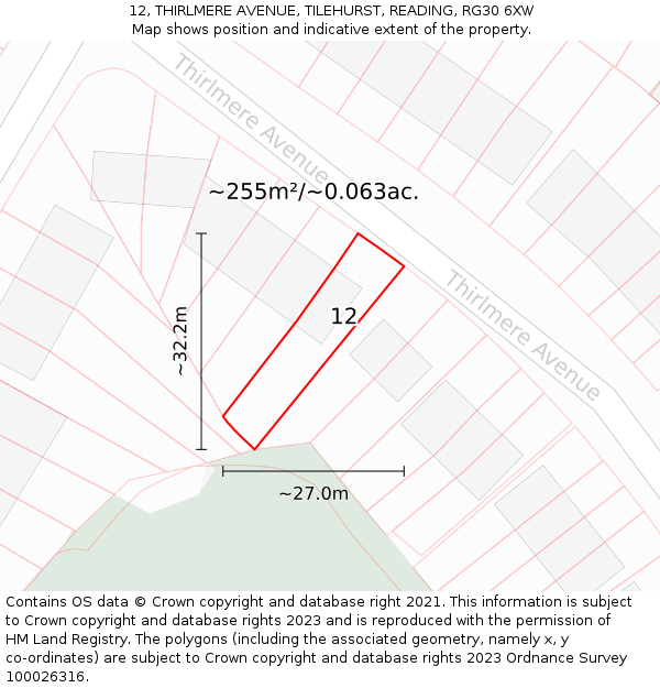 12, THIRLMERE AVENUE, TILEHURST, READING, RG30 6XW: Plot and title map