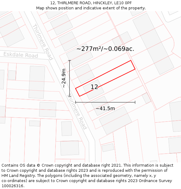 12, THIRLMERE ROAD, HINCKLEY, LE10 0PF: Plot and title map