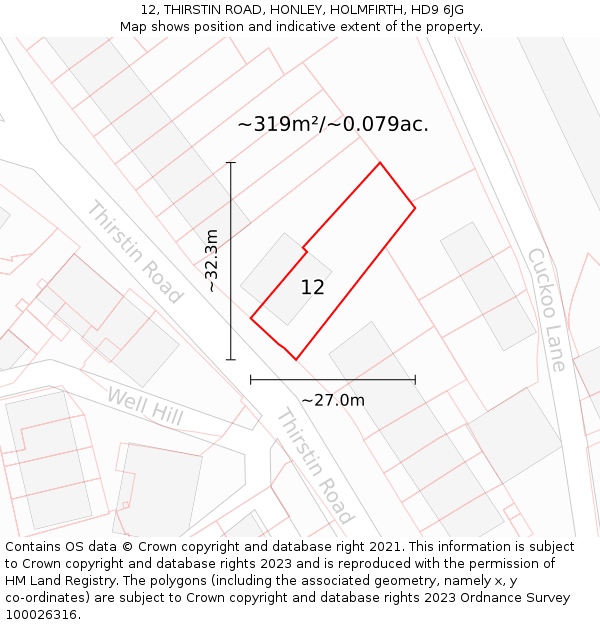 12, THIRSTIN ROAD, HONLEY, HOLMFIRTH, HD9 6JG: Plot and title map