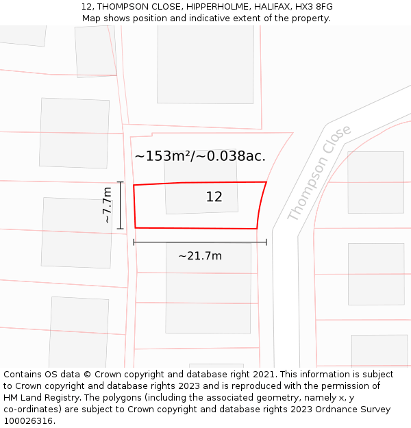 12, THOMPSON CLOSE, HIPPERHOLME, HALIFAX, HX3 8FG: Plot and title map