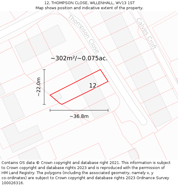 12, THOMPSON CLOSE, WILLENHALL, WV13 1ST: Plot and title map