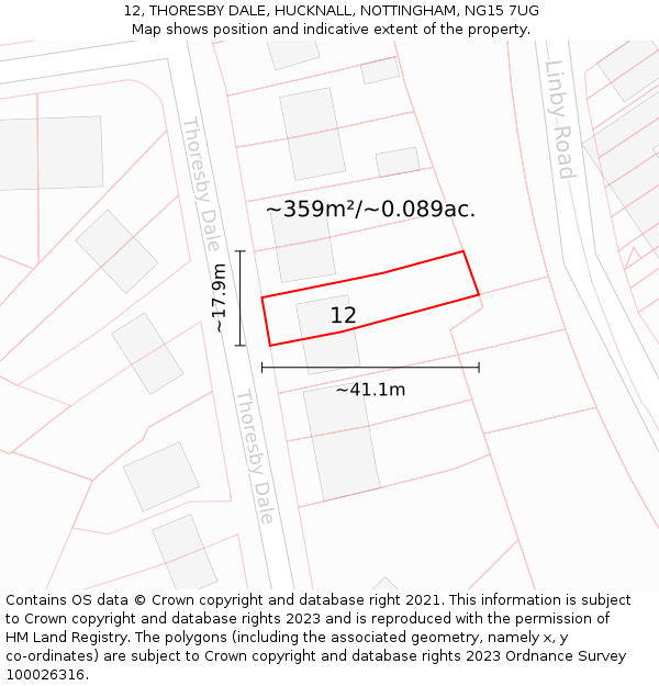 12, THORESBY DALE, HUCKNALL, NOTTINGHAM, NG15 7UG: Plot and title map