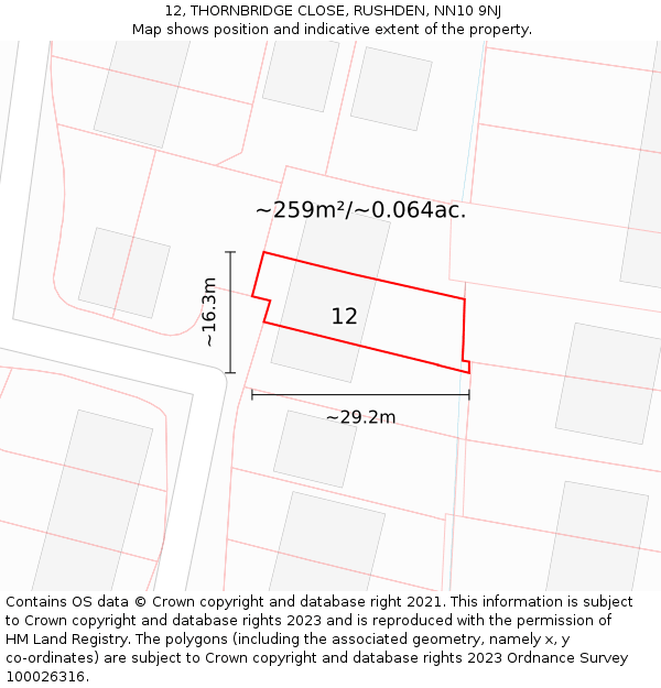 12, THORNBRIDGE CLOSE, RUSHDEN, NN10 9NJ: Plot and title map