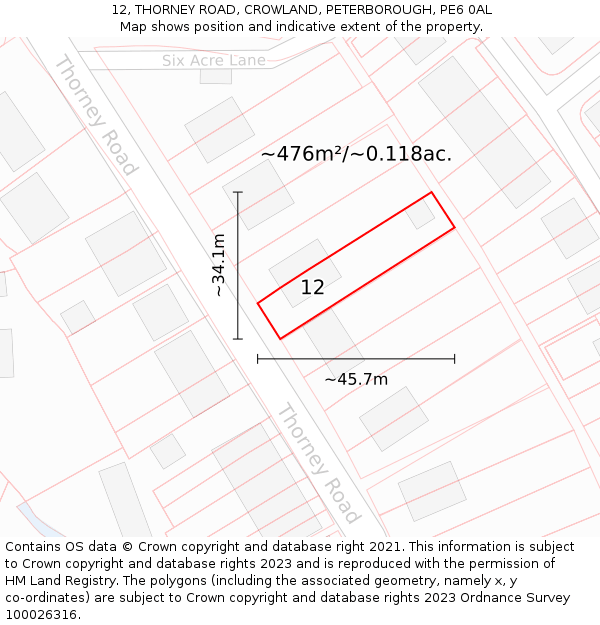 12, THORNEY ROAD, CROWLAND, PETERBOROUGH, PE6 0AL: Plot and title map