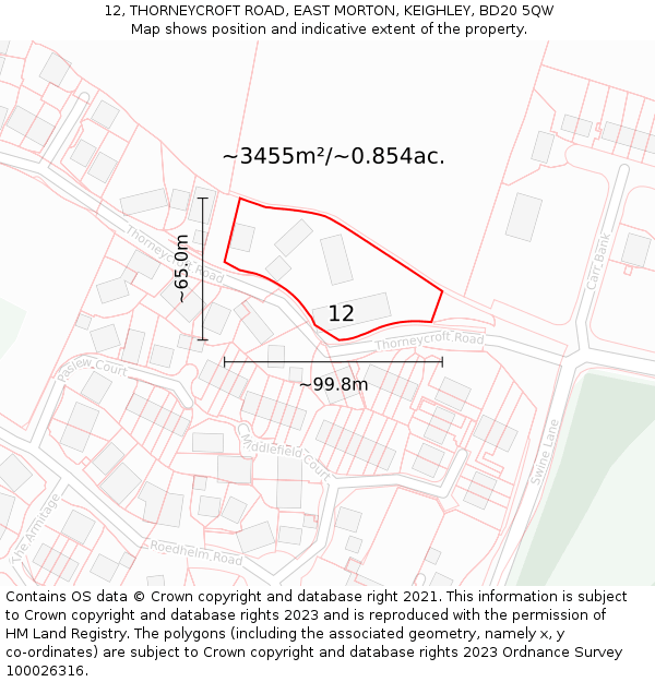 12, THORNEYCROFT ROAD, EAST MORTON, KEIGHLEY, BD20 5QW: Plot and title map