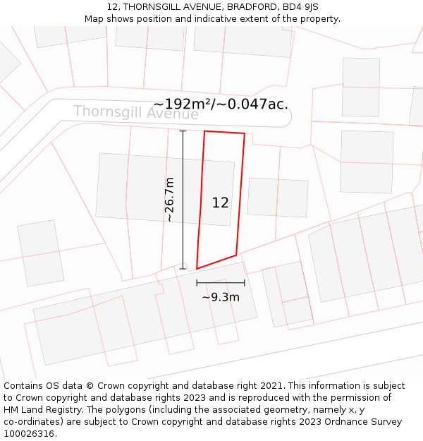 12, THORNSGILL AVENUE, BRADFORD, BD4 9JS: Plot and title map