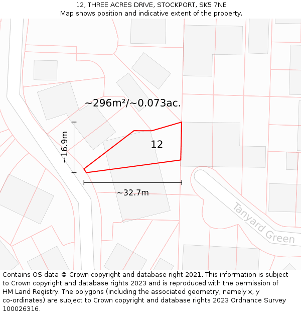 12, THREE ACRES DRIVE, STOCKPORT, SK5 7NE: Plot and title map