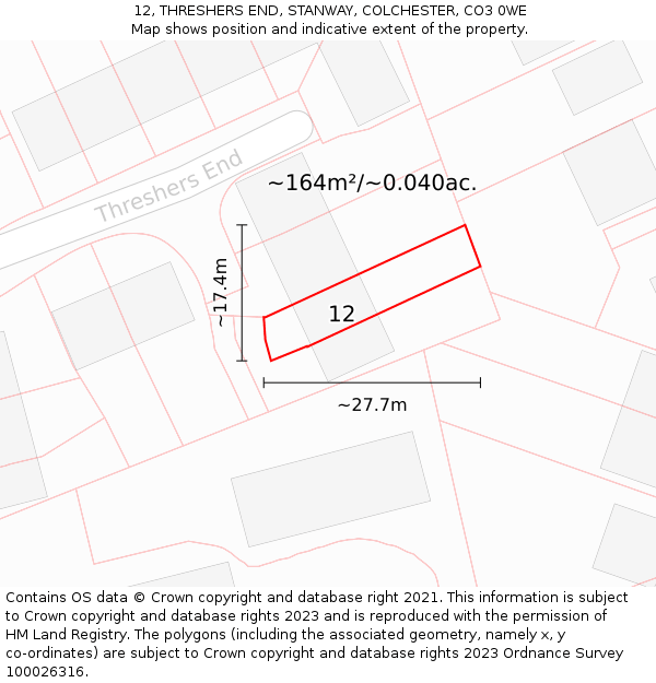 12, THRESHERS END, STANWAY, COLCHESTER, CO3 0WE: Plot and title map