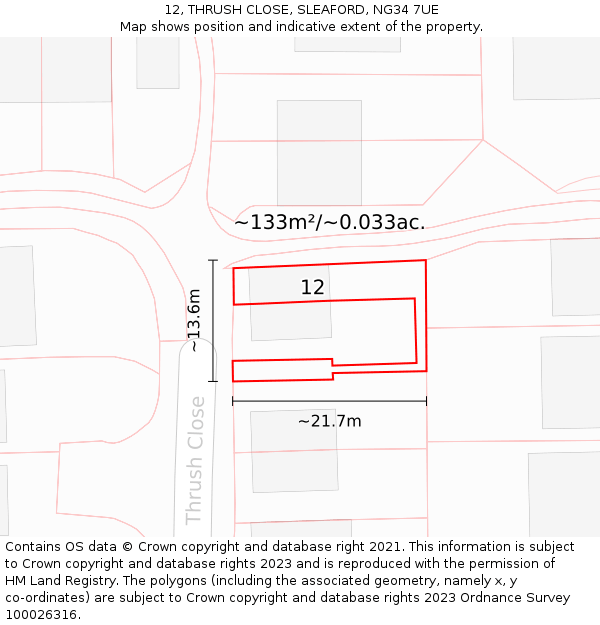 12, THRUSH CLOSE, SLEAFORD, NG34 7UE: Plot and title map