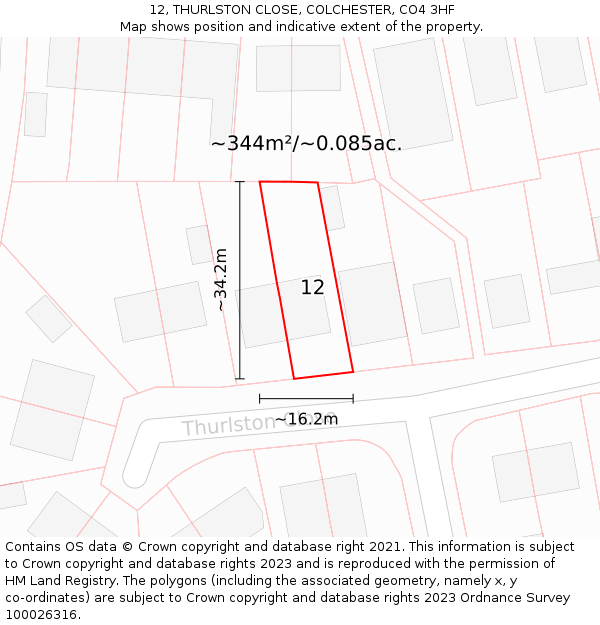 12, THURLSTON CLOSE, COLCHESTER, CO4 3HF: Plot and title map