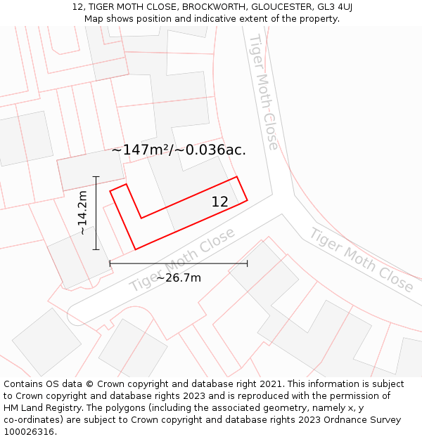 12, TIGER MOTH CLOSE, BROCKWORTH, GLOUCESTER, GL3 4UJ: Plot and title map