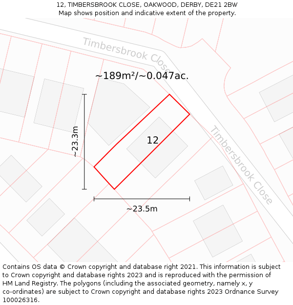 12, TIMBERSBROOK CLOSE, OAKWOOD, DERBY, DE21 2BW: Plot and title map