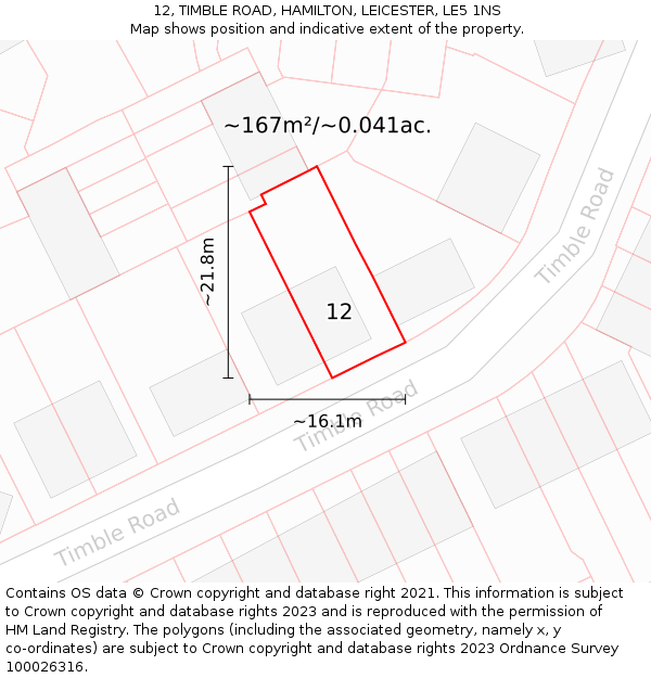 12, TIMBLE ROAD, HAMILTON, LEICESTER, LE5 1NS: Plot and title map