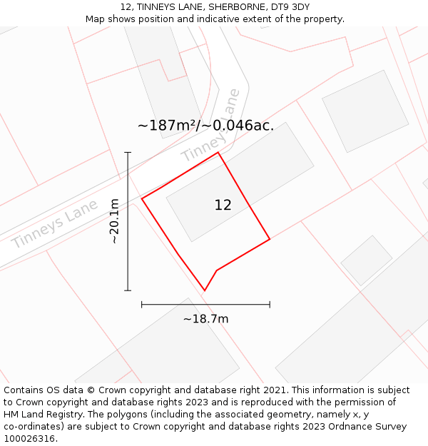 12, TINNEYS LANE, SHERBORNE, DT9 3DY: Plot and title map