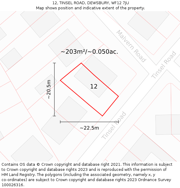 12, TINSEL ROAD, DEWSBURY, WF12 7JU: Plot and title map