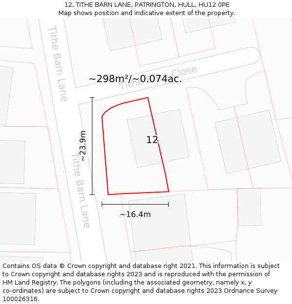 12, TITHE BARN LANE, PATRINGTON, HULL, HU12 0PE: Plot and title map