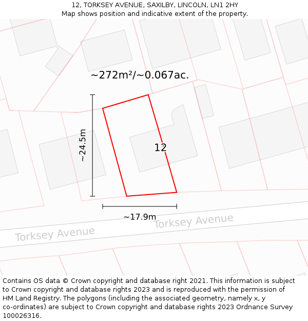 12, TORKSEY AVENUE, SAXILBY, LINCOLN, LN1 2HY: Plot and title map