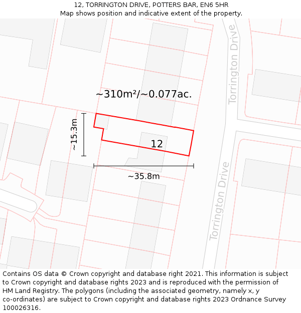 12, TORRINGTON DRIVE, POTTERS BAR, EN6 5HR: Plot and title map