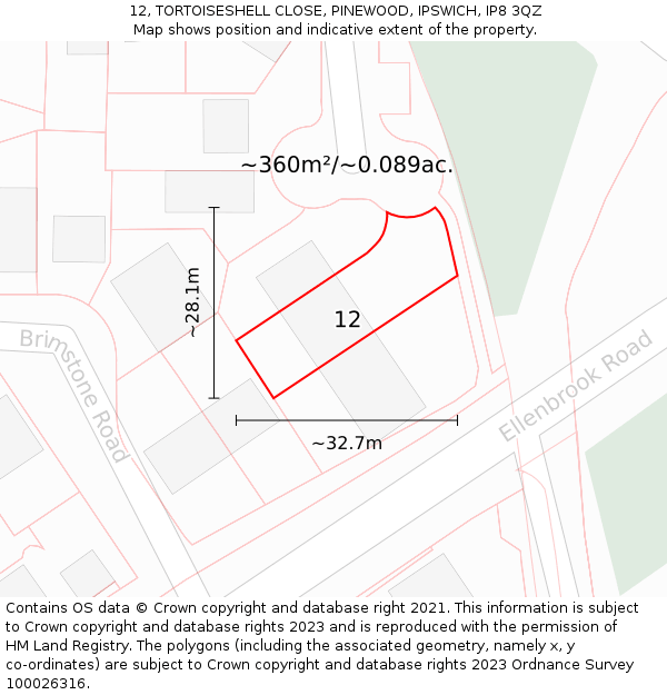 12, TORTOISESHELL CLOSE, PINEWOOD, IPSWICH, IP8 3QZ: Plot and title map