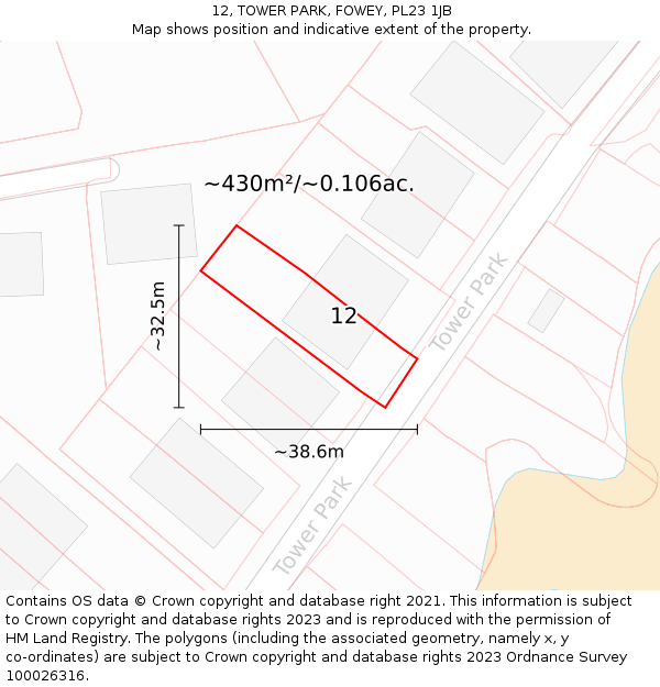 12, TOWER PARK, FOWEY, PL23 1JB: Plot and title map