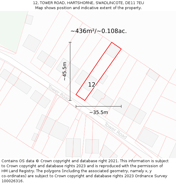 12, TOWER ROAD, HARTSHORNE, SWADLINCOTE, DE11 7EU: Plot and title map