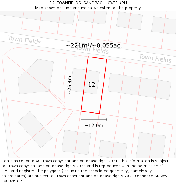 12, TOWNFIELDS, SANDBACH, CW11 4PH: Plot and title map