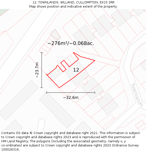 12, TOWNLANDS, WILLAND, CULLOMPTON, EX15 2RR: Plot and title map