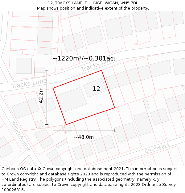 12, TRACKS LANE, BILLINGE, WIGAN, WN5 7BL: Plot and title map