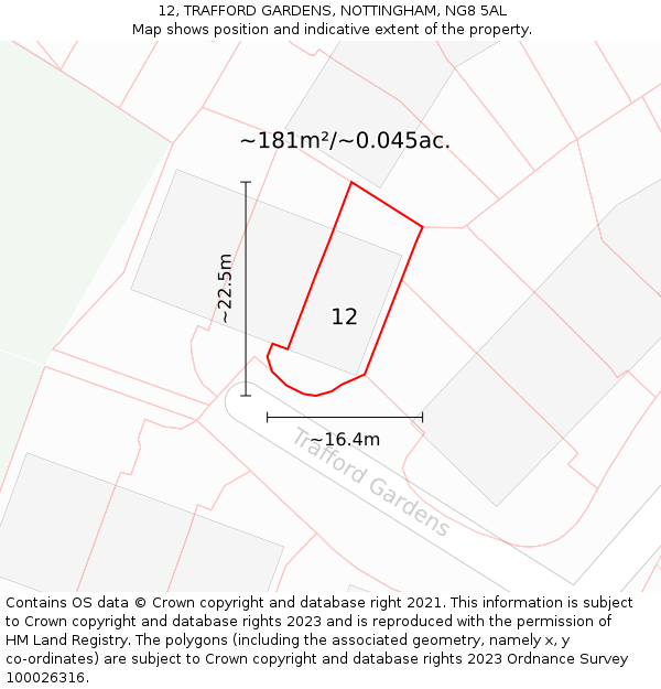 12, TRAFFORD GARDENS, NOTTINGHAM, NG8 5AL: Plot and title map
