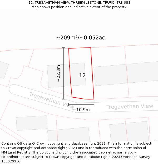 12, TREGAVETHAN VIEW, THREEMILESTONE, TRURO, TR3 6SS: Plot and title map