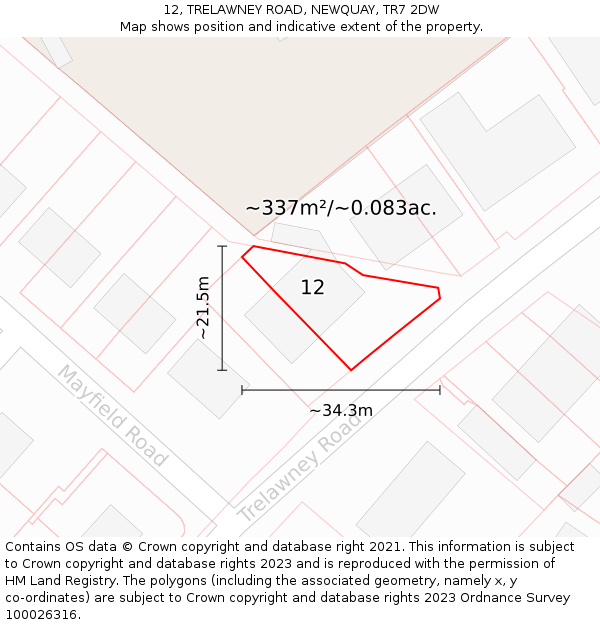 12, TRELAWNEY ROAD, NEWQUAY, TR7 2DW: Plot and title map