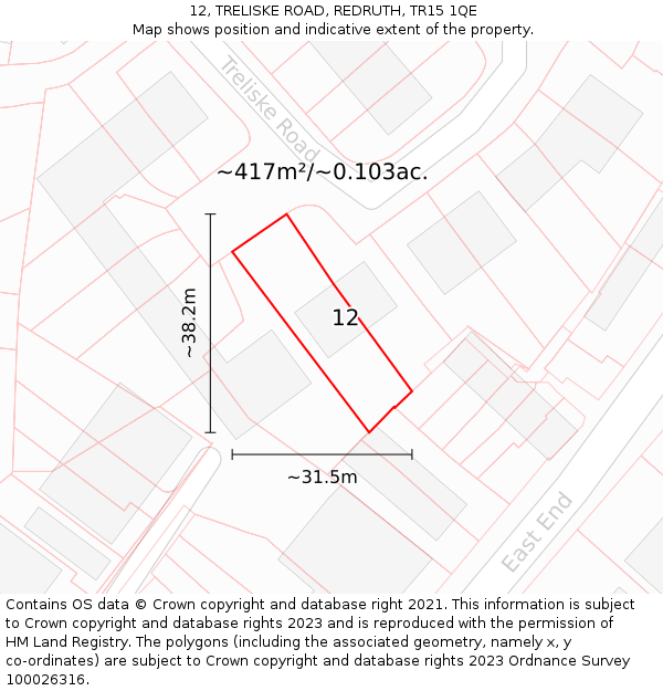 12, TRELISKE ROAD, REDRUTH, TR15 1QE: Plot and title map