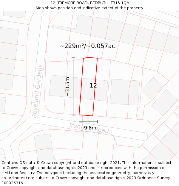 12, TREMORE ROAD, REDRUTH, TR15 1QA: Plot and title map