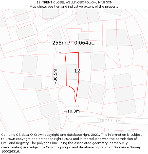 12, TRENT CLOSE, WELLINGBOROUGH, NN8 5XN: Plot and title map