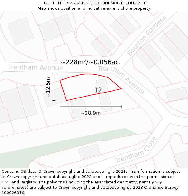 12, TRENTHAM AVENUE, BOURNEMOUTH, BH7 7HT: Plot and title map