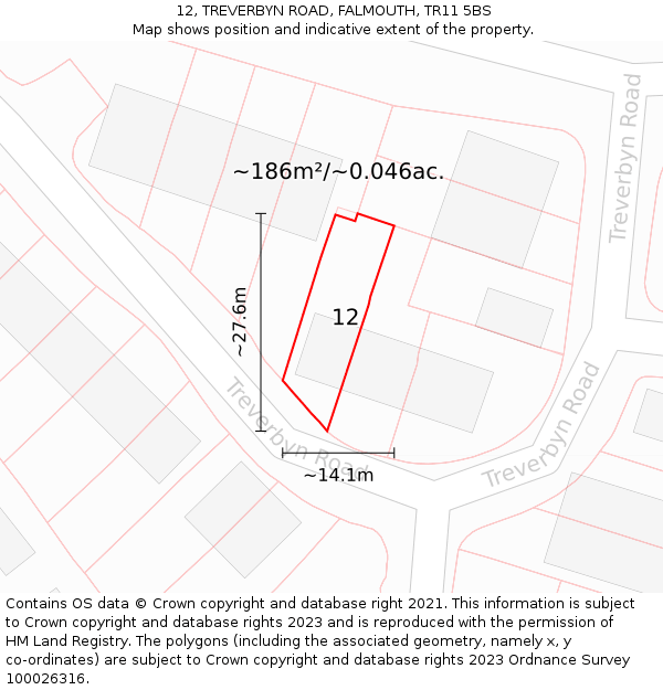 12, TREVERBYN ROAD, FALMOUTH, TR11 5BS: Plot and title map