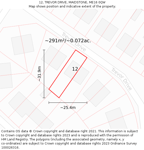 12, TREVOR DRIVE, MAIDSTONE, ME16 0QW: Plot and title map