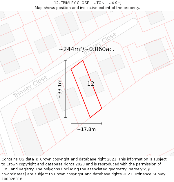 12, TRIMLEY CLOSE, LUTON, LU4 9HJ: Plot and title map