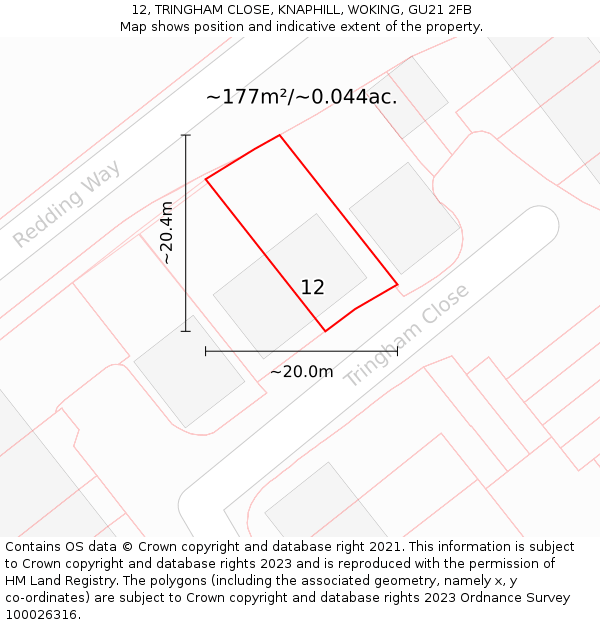 12, TRINGHAM CLOSE, KNAPHILL, WOKING, GU21 2FB: Plot and title map