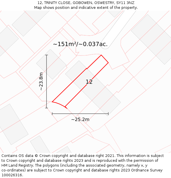 12, TRINITY CLOSE, GOBOWEN, OSWESTRY, SY11 3NZ: Plot and title map
