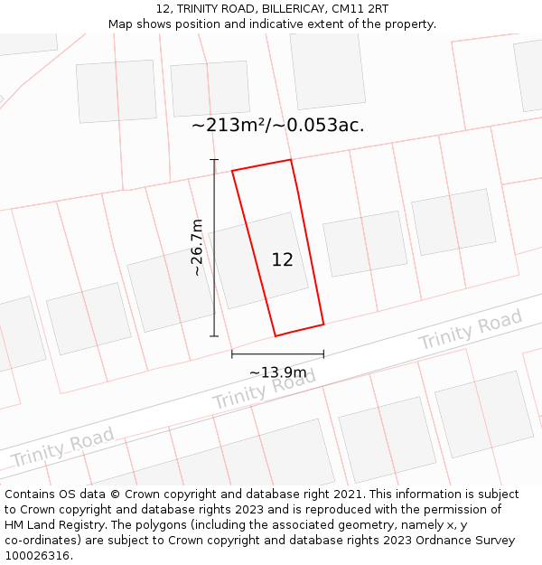 12, TRINITY ROAD, BILLERICAY, CM11 2RT: Plot and title map