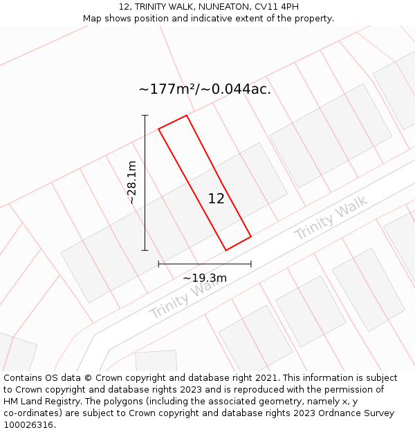 12, TRINITY WALK, NUNEATON, CV11 4PH: Plot and title map