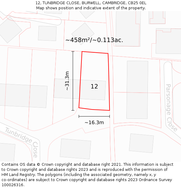 12, TUNBRIDGE CLOSE, BURWELL, CAMBRIDGE, CB25 0EL: Plot and title map